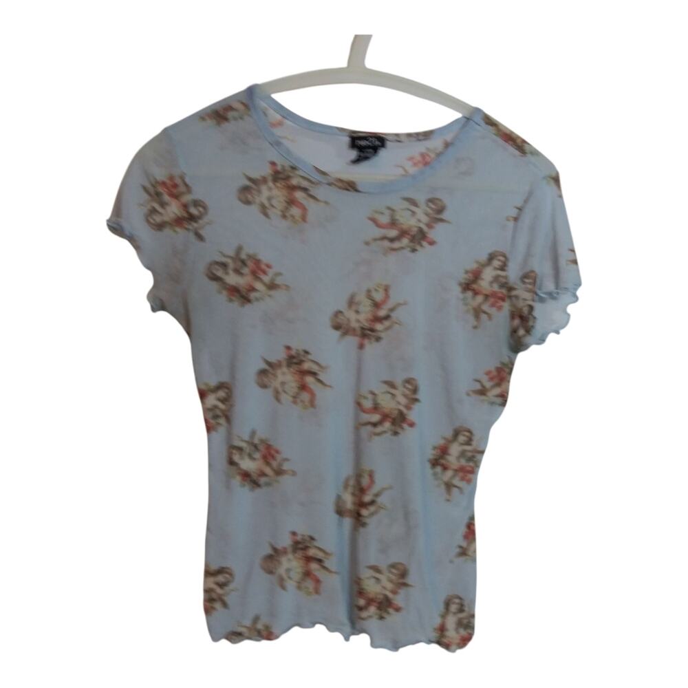 Rue 21 Blue Angel Cherub Mesh Short Sleeve Graphic Top Y2K Size Jr L